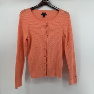 Tommy Hilfiger Womens Large Coral Peach‎ 100% Pima Cotton Cable Knit Cardigan